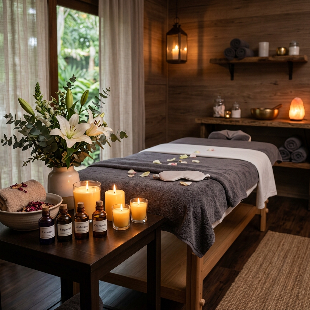 Aroma oils and candles setup at Sank Spa in Ibrahim Bagh, Hyderabad