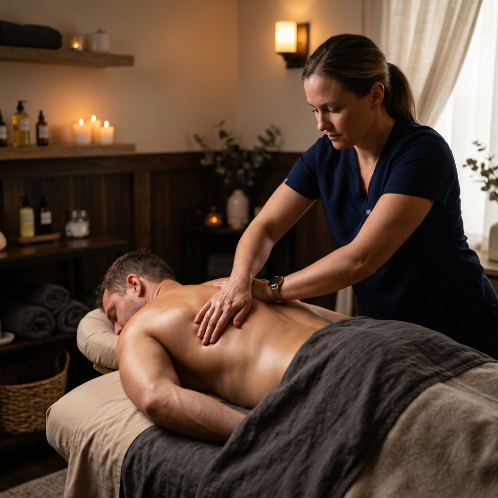 A massage therapist performing a deep tissue back massage on a client at Sank Spa in Ibrahim Bagh, Hyderabad