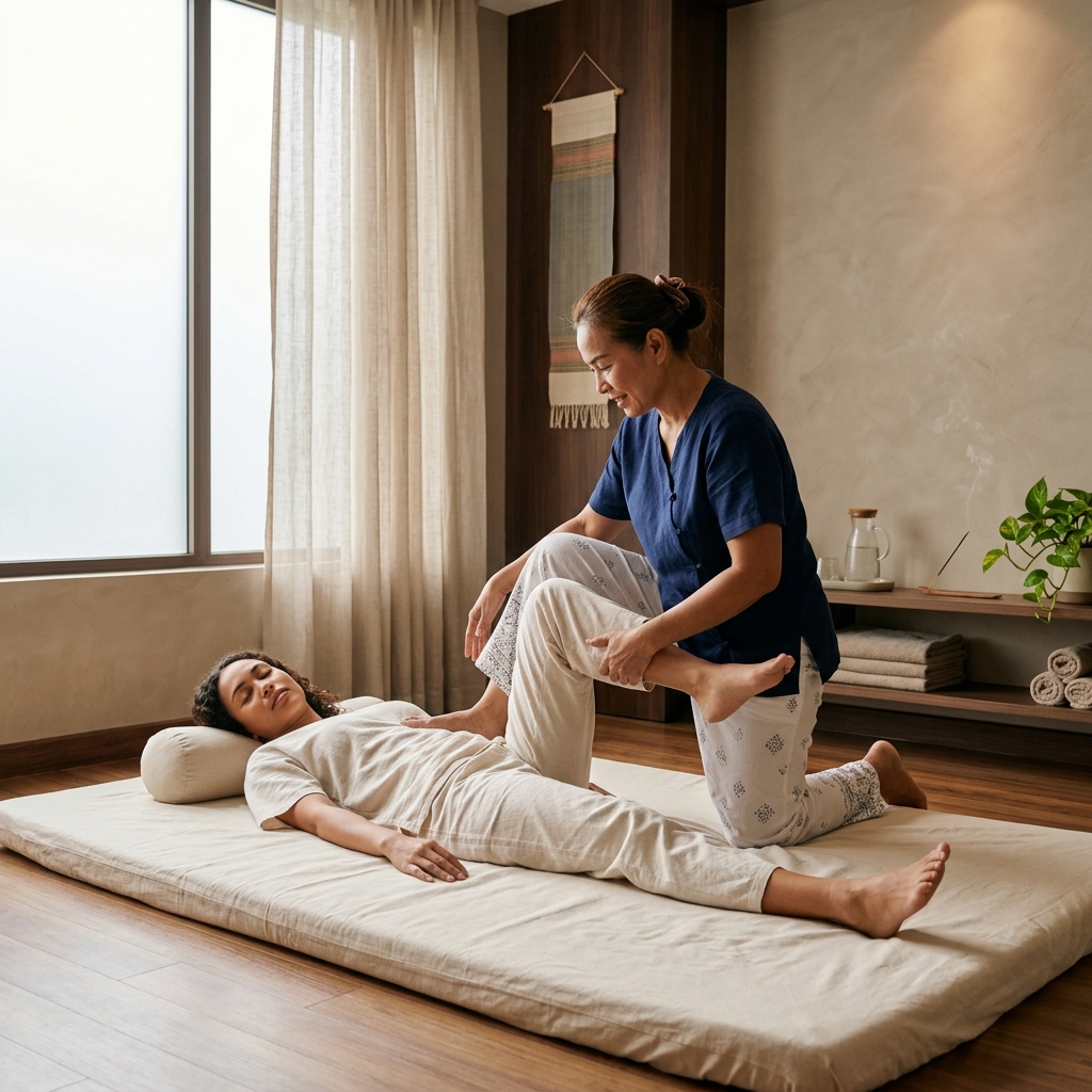 A massage therapist performing a Thai massage on a client at Sank Spa in Ibrahim Bagh, Hyderabad